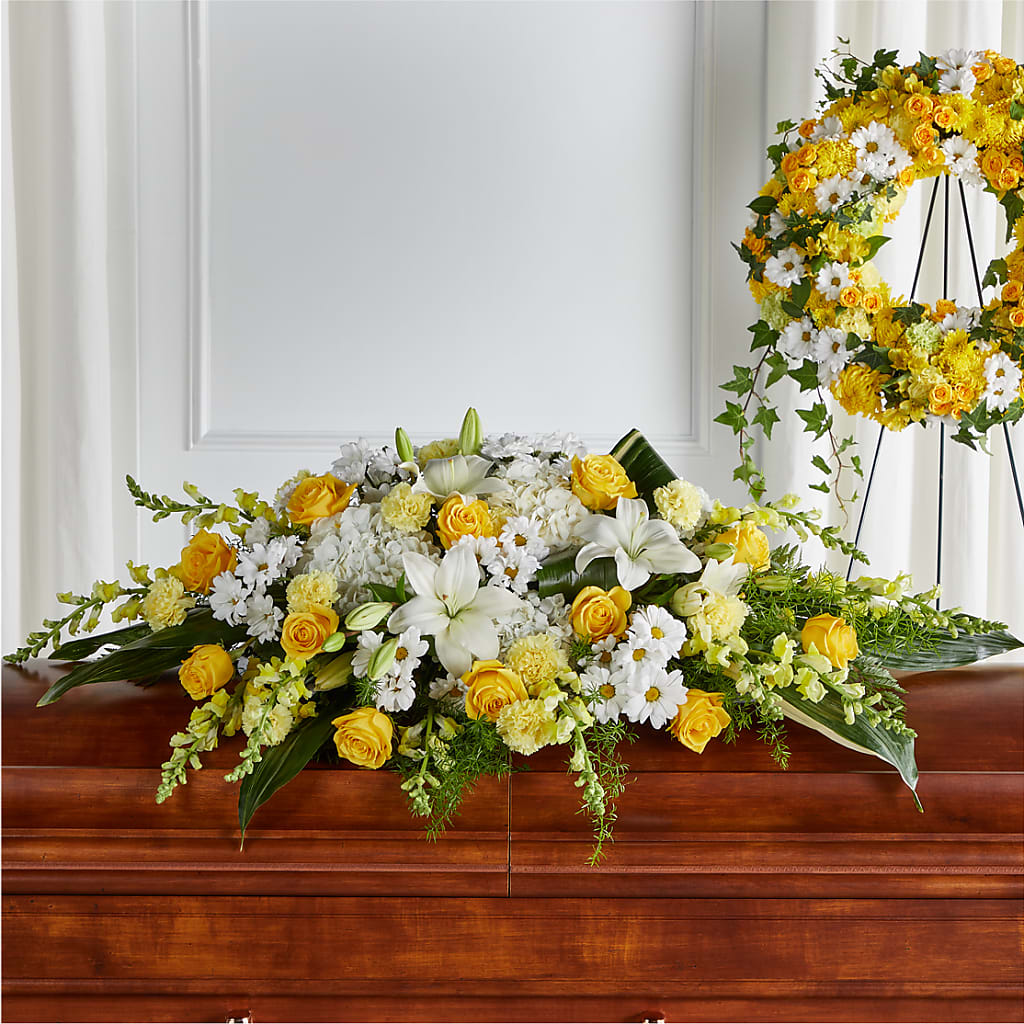 Golden Harmony Casket Spray – Schoodic In Bloom, Winter Harbor ME