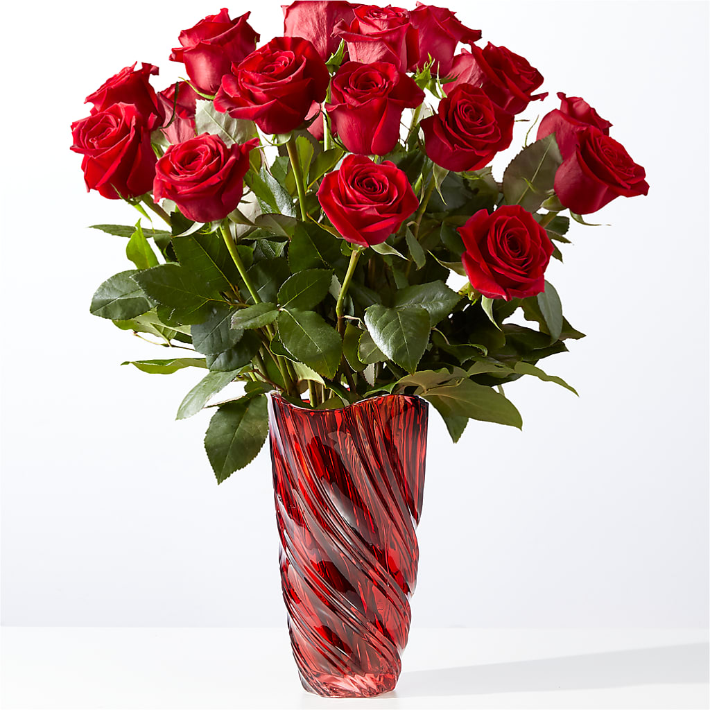 Classic Love Red Rose Bouquet with Luxe Swirl Vase – Schoodic In Bloom, Winter Harbor ME